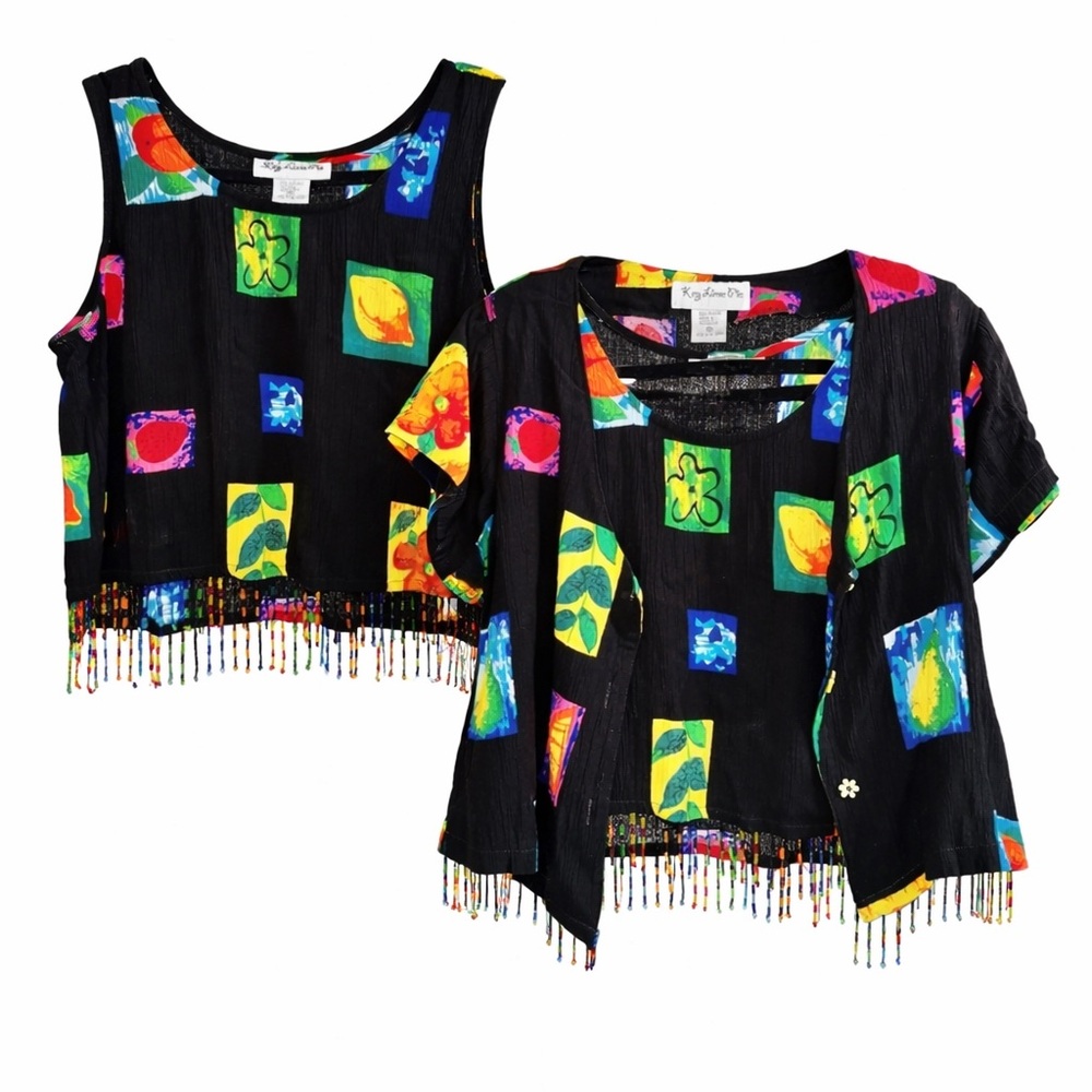 Vintage‎ 90s Dopamine Fruit Print Beaded Fringe Set Artsy Resortcore- Small